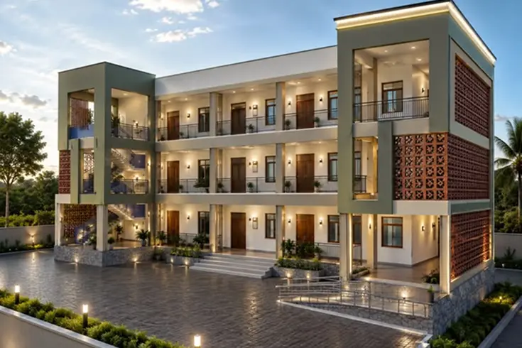 Área común de un hotel diseñado en Bogotá con distribución de habitaciones y zonas de servicio
