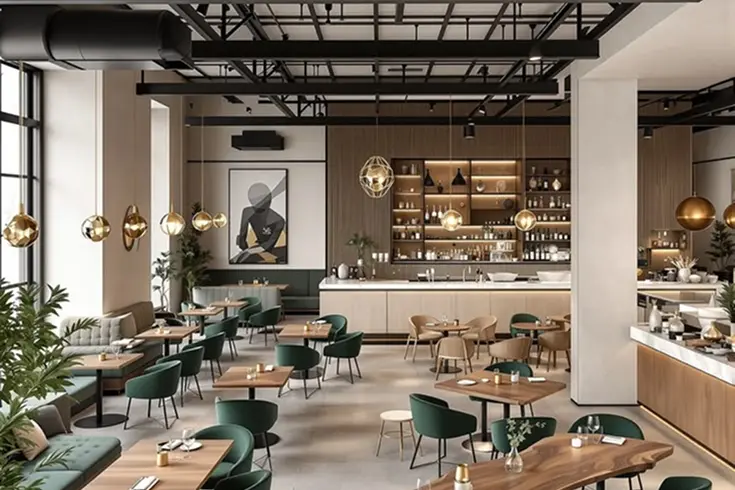 Salón de un restaurante diseñado en Bogotá con distribución de mesas y cocina